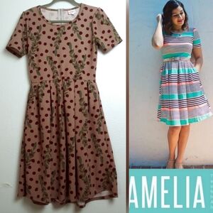 LuLaRoe Amelia Midi Dress Red and Brown Fit  & Flare Size M Side Pocket